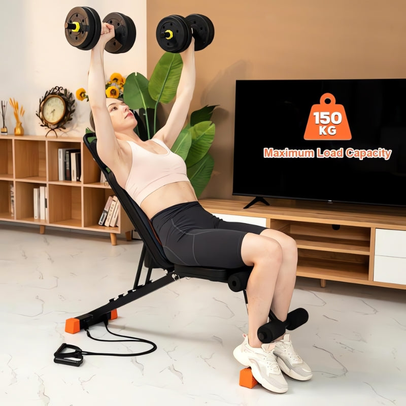 Home gym bench with dumbbells.
